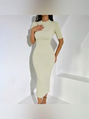 Weekday Vera Mockneck ribbed midi dress in pale sage green